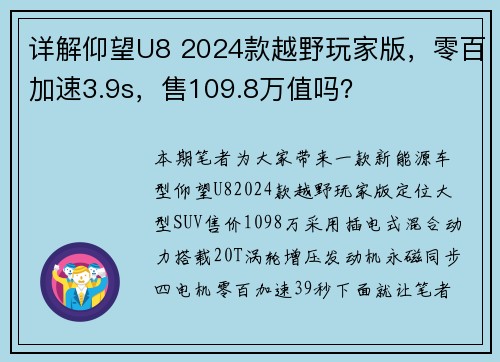 详解仰望U8 2024款越野玩家版，零百加速3.9s，售109.8万值吗？