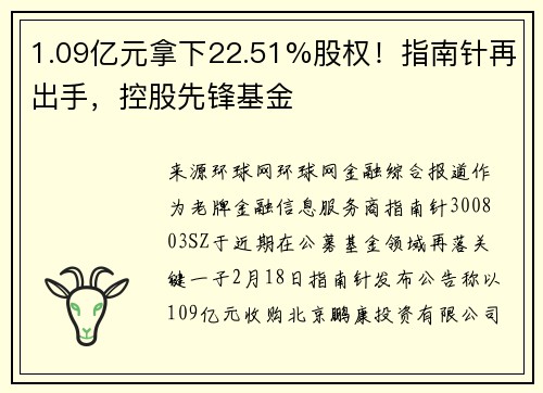 1.09亿元拿下22.51%股权！指南针再出手，控股先锋基金