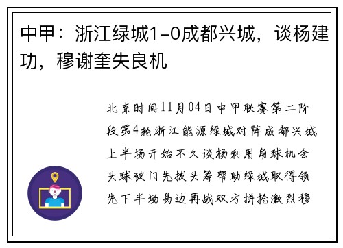中甲:浙江绿城1-0成都兴城,谈杨建功,穆谢奎失良机