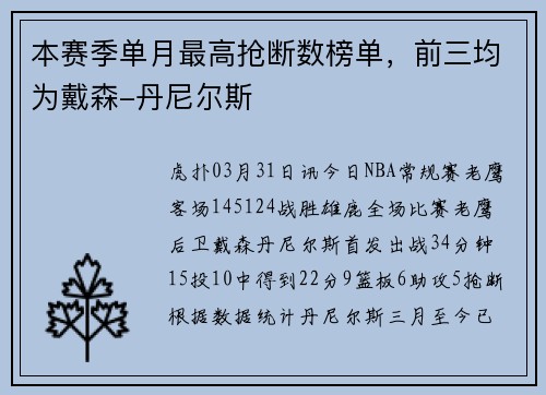 本赛季单月最高抢断数榜单，前三均为戴森-丹尼尔斯