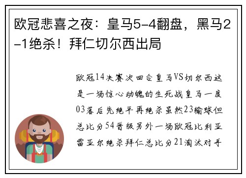 欧冠悲喜之夜:皇马5-4翻盘,黑马2-1绝杀!拜仁切尔西出局