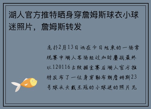 湖人官方推特晒身穿詹姆斯球衣小球迷照片，詹姆斯转发