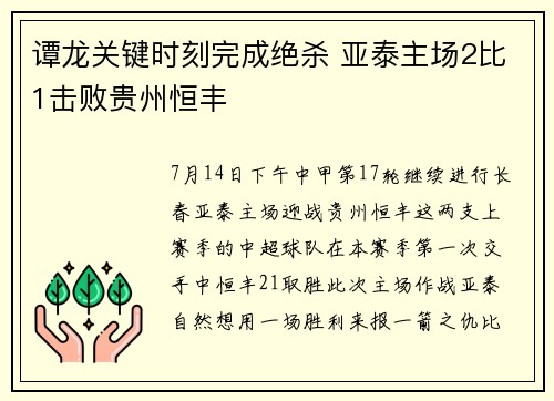 谭龙关键时刻完成绝杀 亚泰主场2比1击败贵州恒丰